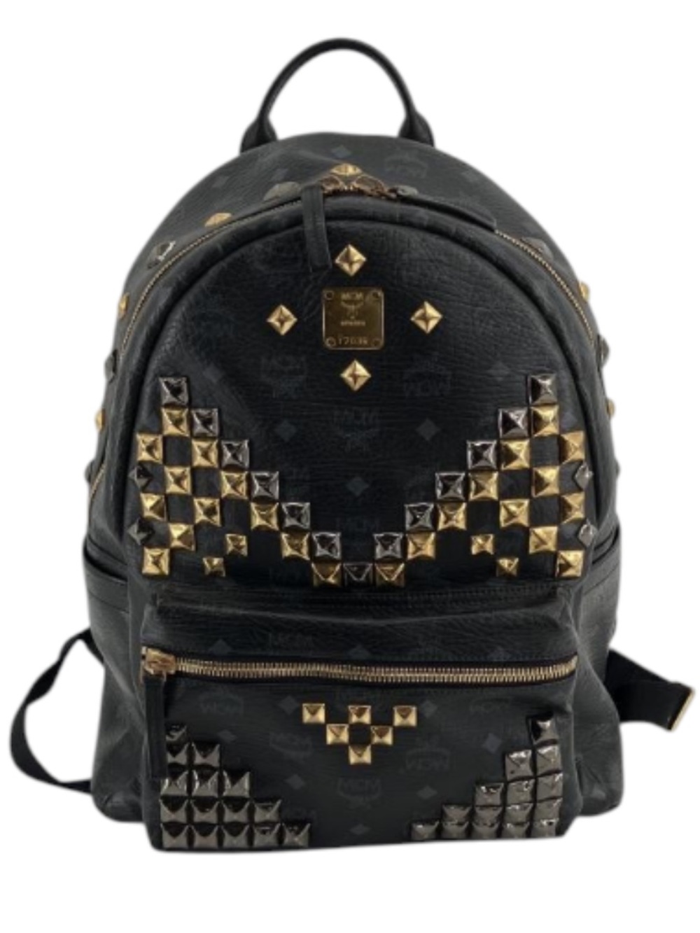 MCM Black Studded Visetos Backpack with Gold and Silver Accents